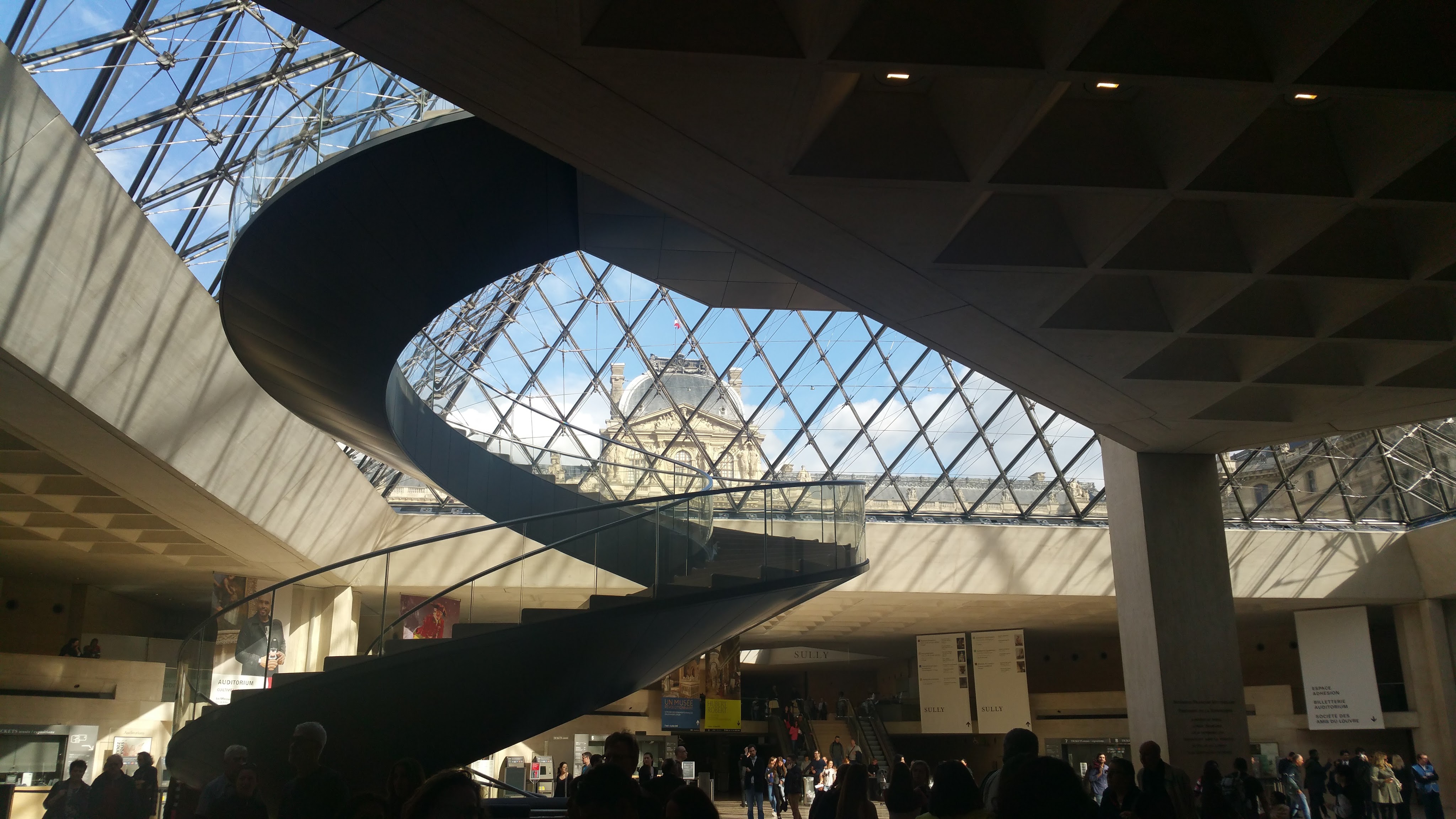 Staircase beneath the Louvre Pyramid inside the Musee du Louvre
