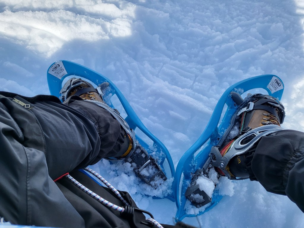 Mountain boots and snowshoes.