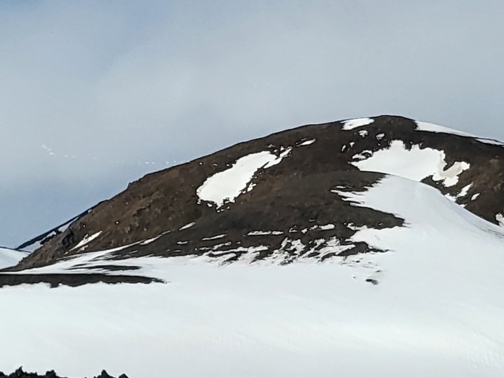 A line of swans flying past a mountain in winter.