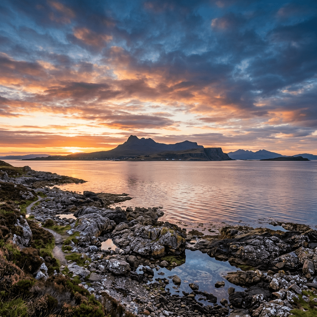 Rocky coastline at sunset with calm water and mountains in the distance