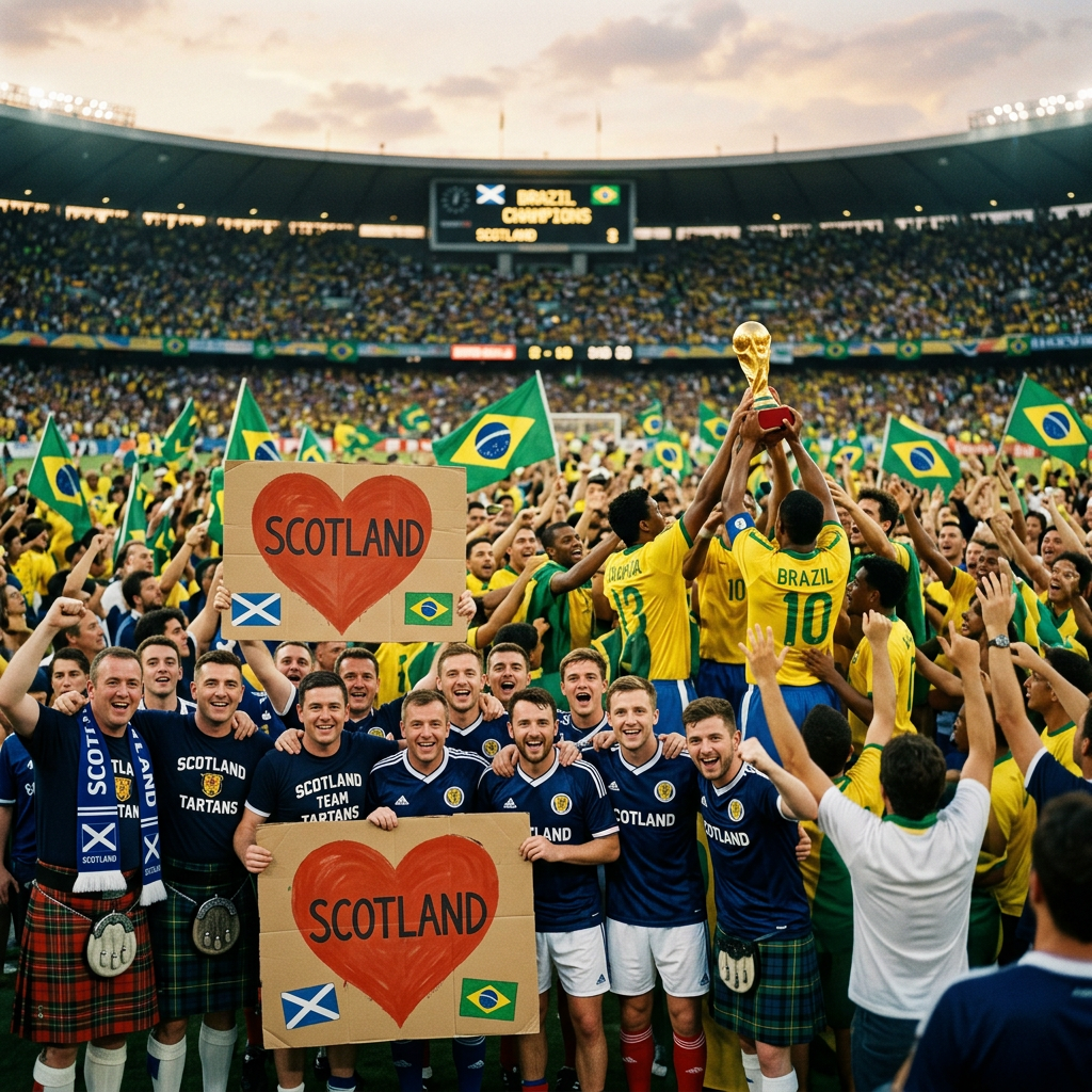 Brazilian football players holding trophy with cheering Scotland fans and signs